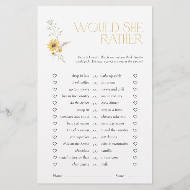 Papier Plairait-elle Boho Sunflower Fête des mariées Jeu (Devant)