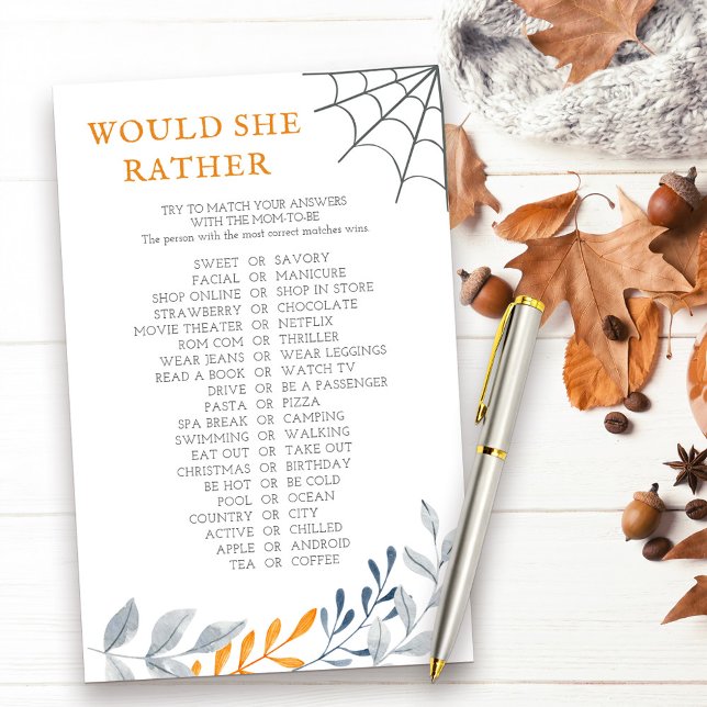 Papier Plairait-Elle Halloween jeu de douche d'automne (Would She Rather halloween themed baby shower game with fall leaves and cobweb)
