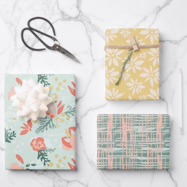 Papier plat Festif Floral Wrapper Set de 3 feuille (Recto)
