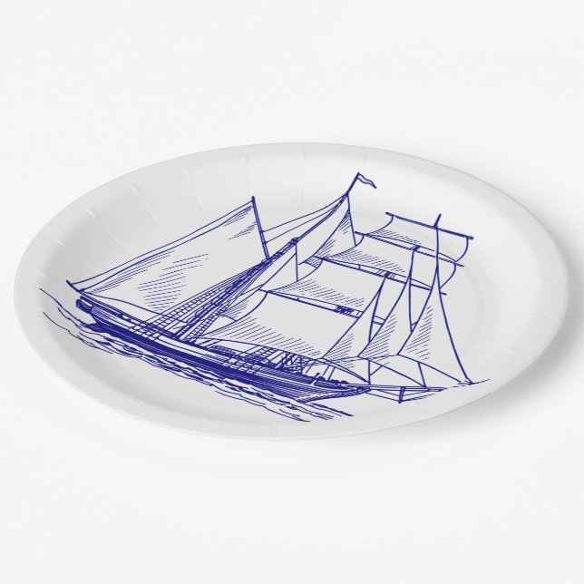 Papier Platte Blue Segel Schiff nautisch Pappteller (Schrägansicht)