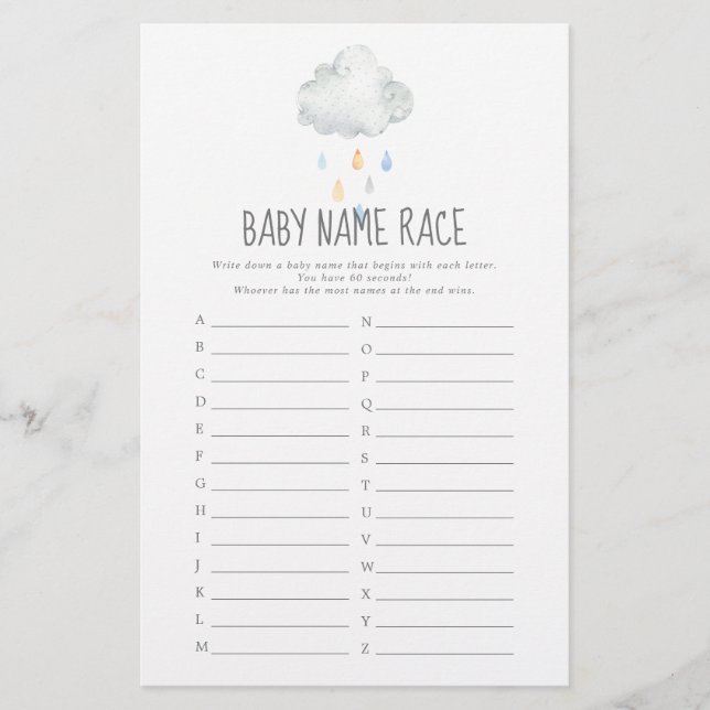 Papier Pluie Cloud Garçon Baby shower Baby Nom Course Jeu (Devant)