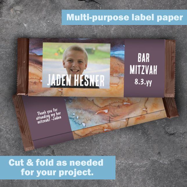 Papier Plum, Bar Beige Mitzvah Custom Candy Bar Wrapper (bar mitzvah chocolate candy bar wrapper label, beige plum purple DIY budget cheap alternative)