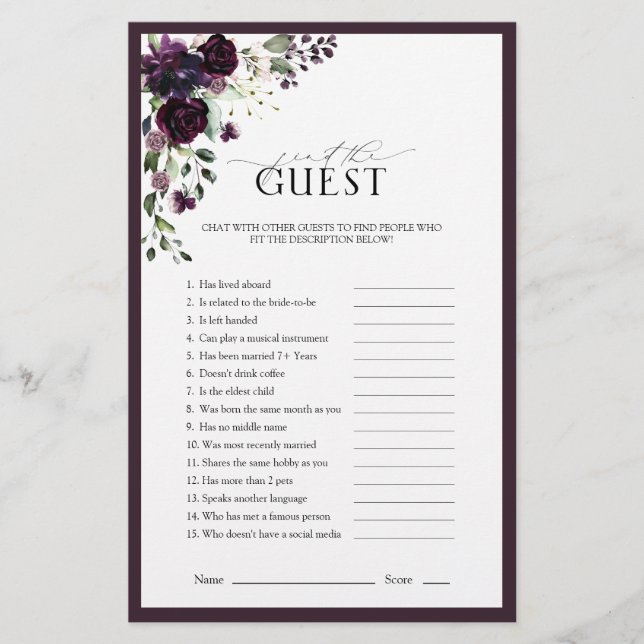 Papier Plum Purple Aquarelle Florale Fête des mariées Jeu (Devant)