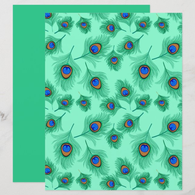 Papier Plumes de paon turquoise sur Aqua clair (Devant / Derrière)