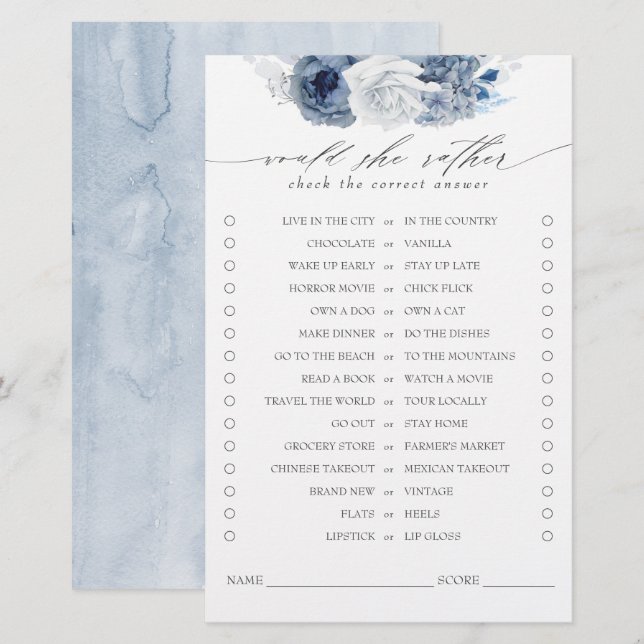 Papier Plutôt Dusty Blue Fête des mariées Jeu (Devant / Derrière)