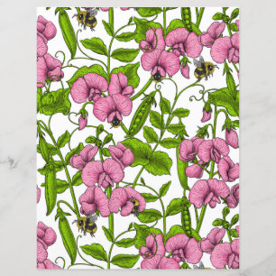 Papier Pois de senteur et bourdons, rose, vert et blanc