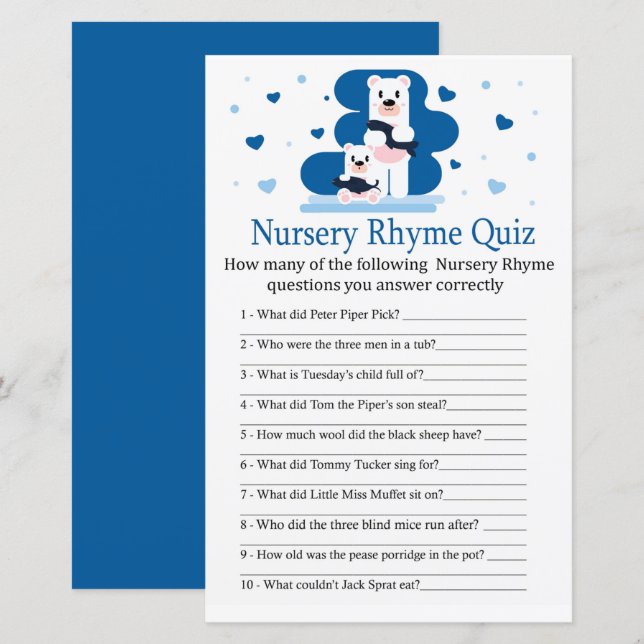 Papier Polar ours Nursery Rhyme jeu de baby shower (Devant / Derrière)