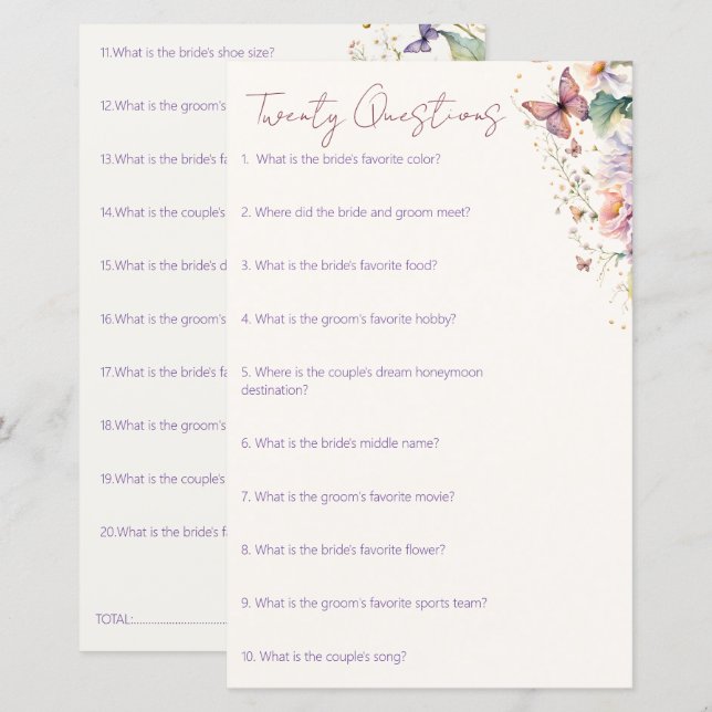 Papier Pommes à papillons douche nuptiale 20 questions je (Devant / Derrière)