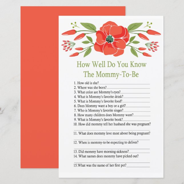 Papier Poppy Connaissez-vous bien le jeu de baby shower (Devant / Derrière)