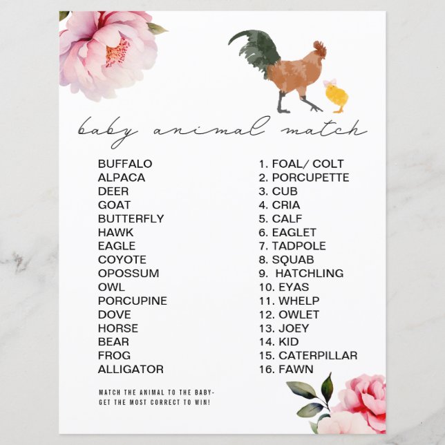 Papier Poulet rose Floral Baby shower animal match jeu (Devant)