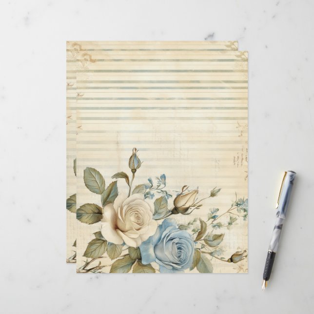 Papier pour junk journal Fleurs Roses Blanches Ble (Devant/Arrière en situation)