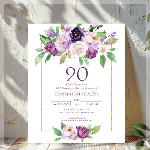 Papier Pourpre   Violet Floral 90e anniversaire Invitatio