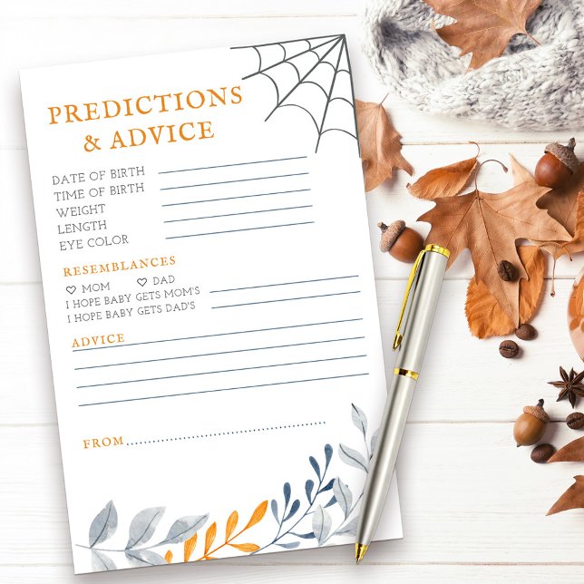 Papier Prédictions Conseil Halloween Activité Baby shower (Predictions & Advice halloween themed baby shower activity with fall leaves and cobweb)