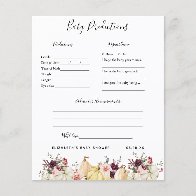 Papier Prédictions des bébés | Jeu Baby shower (Devant)