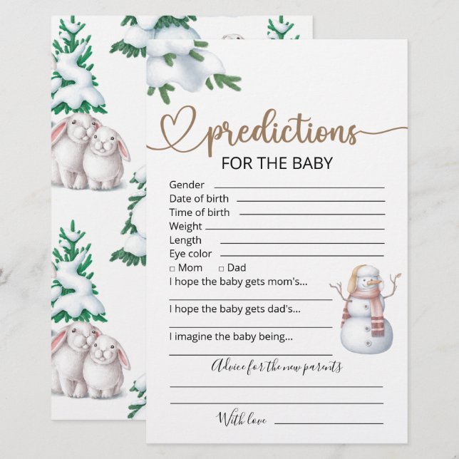 Papier Prédictions des bébés | Jeu de Baby shower d'hiver (Devant / Derrière)