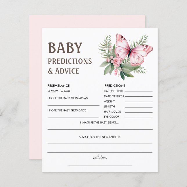 Papier Prédictions des bébés | Jeu de Baby shower papillo (Devant / Derrière)