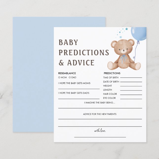 Papier Prédictions des bébés | Teddy Bear Boy Baby shower (Devant / Derrière)