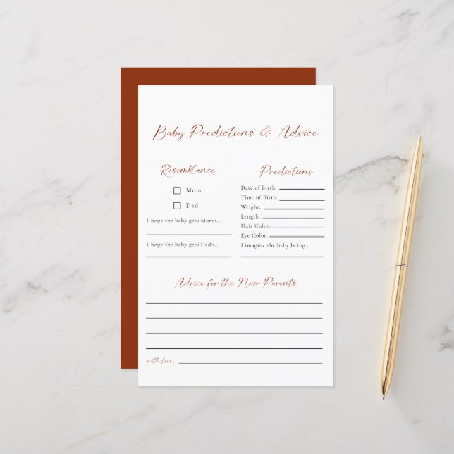 Papier Prédictions et conseils Baby shower Boho minimalis (Devant/Arrière en situation)