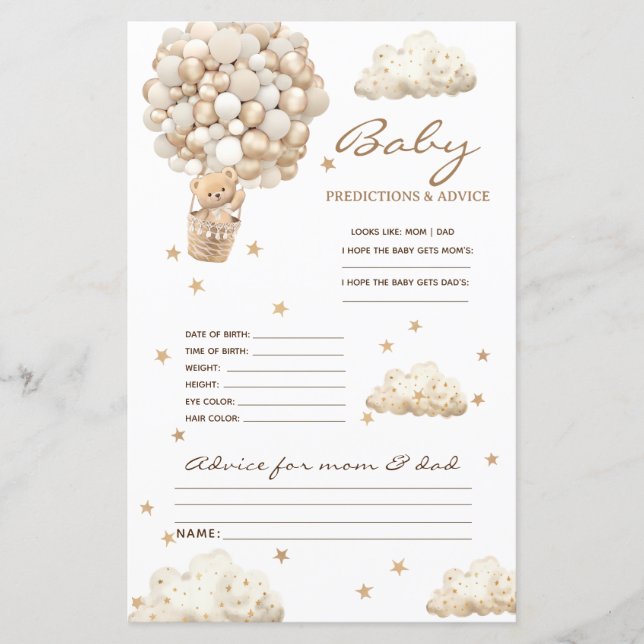 Papier Prédictions et conseils Bear mignonne Baby shower  (Devant)