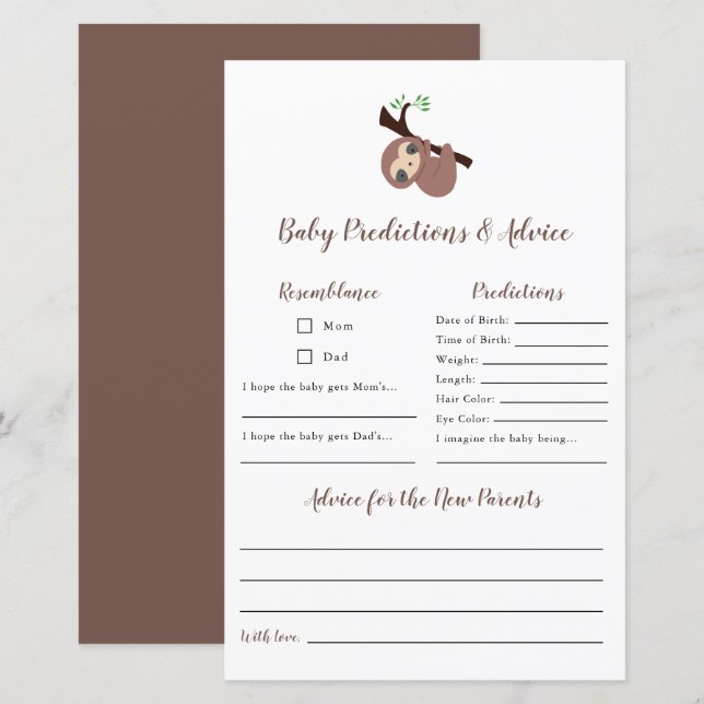 Papier Prédictions et conseils jote Sloth Baby shower jeu (Devant / Derrière)