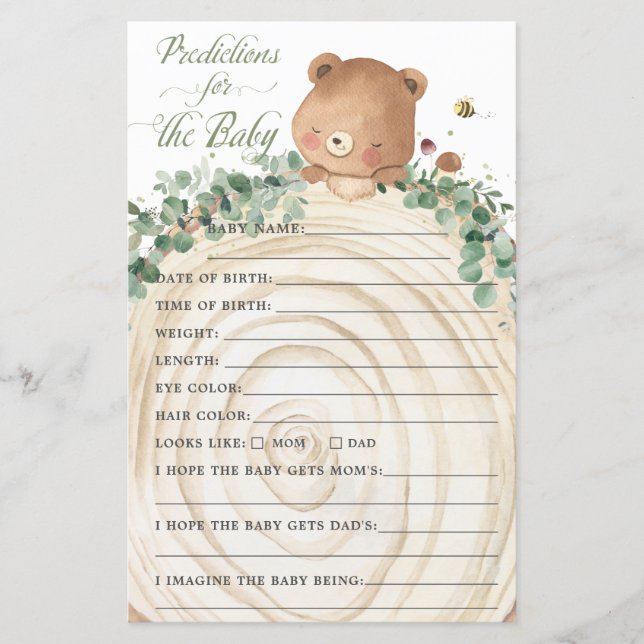 Papier Prédictions et vœux pour bébé ours en verdure (Devant)