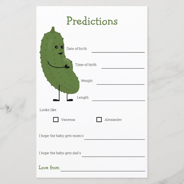 Papier prédictions pour le jeu de baby shower bébé (Devant)