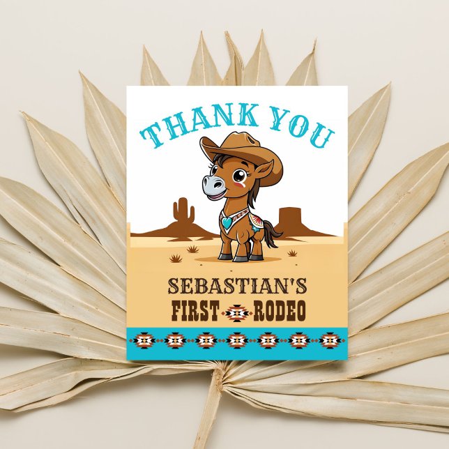 Papier Premier Rodeo cowboy cheval anniversaire (First rodeo birthday party thank you card cute baby horse cowboy Arizona landscape thank you card)