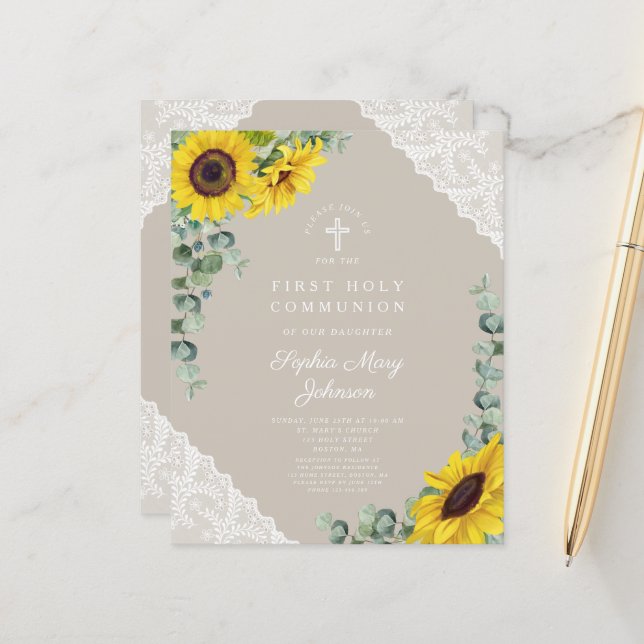 Papier Première communion de dentelle de tournesol budget (Devant/Arrière en situation)
