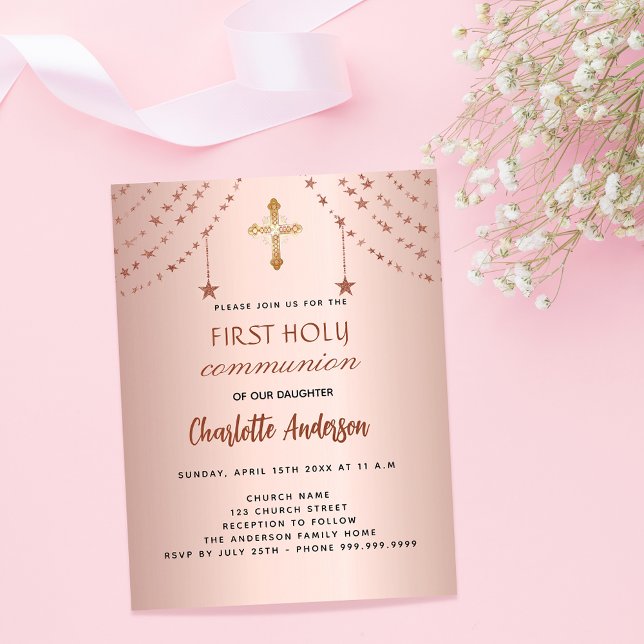 Papier Première communion rose or étoiles invitation budg (Créateur téléchargé)