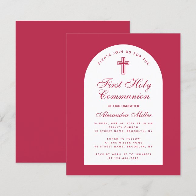Papier Première Communion Rouge Magenta Budget Invitation (Devant / Derrière)
