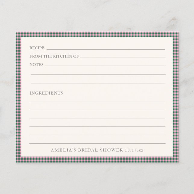 Papier Preppy Pink Green Gingham Shower Recipe Card (Devant)