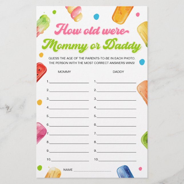 Papier Prêt à pop Baby shower Devinez le jeu de l'âge (Devant)