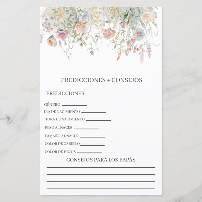 Papier Prévisions de baby shower en espagnol (Devant)