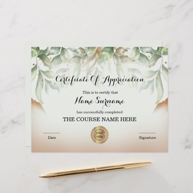 Papier Prime d'appréciation de certificat (Devant/Arrière en situation)