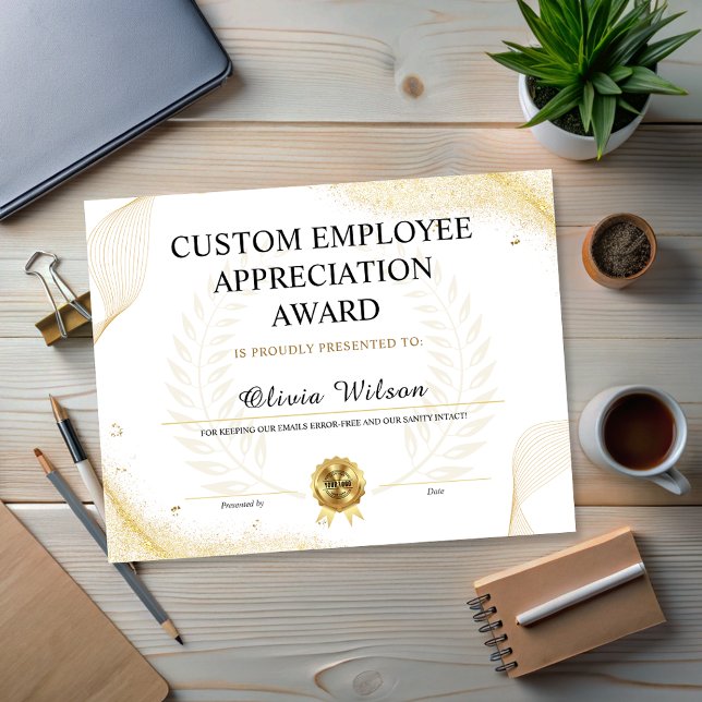 Papier Prime d'appréciation de l'employé amusant modifiab (Editable Funny Employee Appreciation Award)