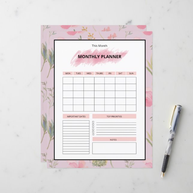 Papier Printable Monthly Planner Template (Devant/Arrière en situation)
