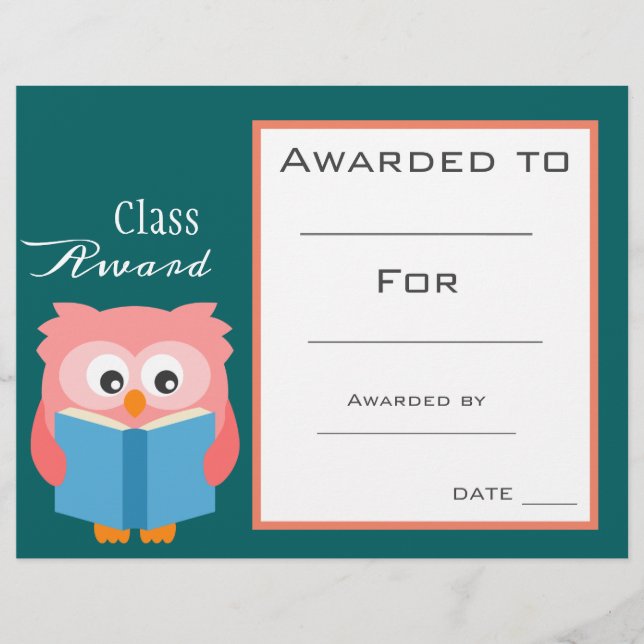 Papier Prix de classe certificat pour enfants de hibou de (Devant)