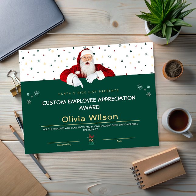 Papier Prix de Noël Père Noël verte customisée Employé (Customized Green Santa Christmas Awards Employee)