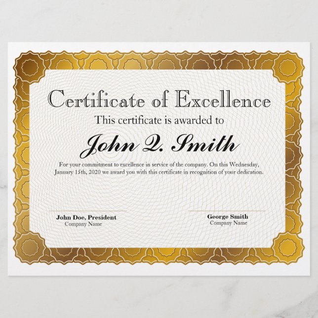 Papier Prix d'excellence du Motif de certificat d'or (Devant)