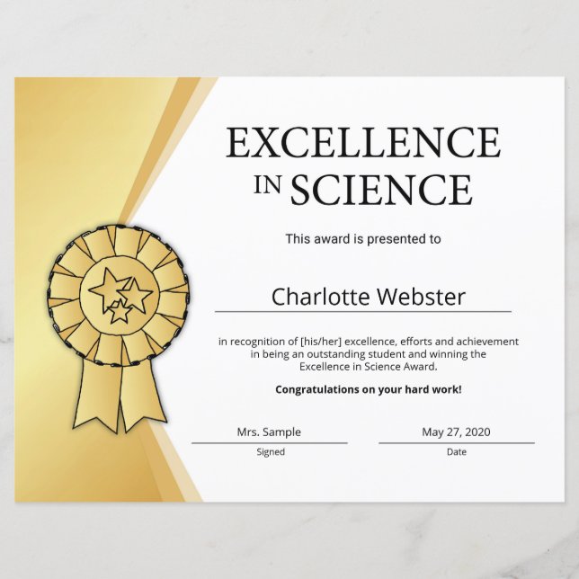 Papier Prix d'excellence en sciences (Devant)