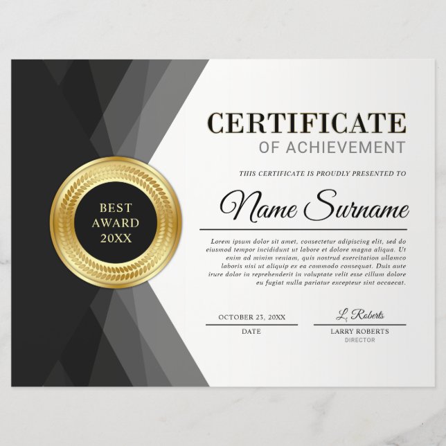 Papier Prix du Certificat de Réussite Noir & Or (Devant)