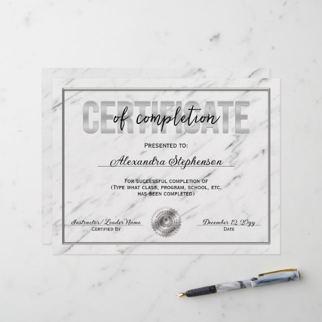 Papier Prix du cours d'Argent Certificat d'achèvement (Devant/Arrière en situation)