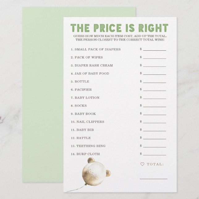 Papier Prix est le bon jeu de Baby shower (Devant / Derrière)