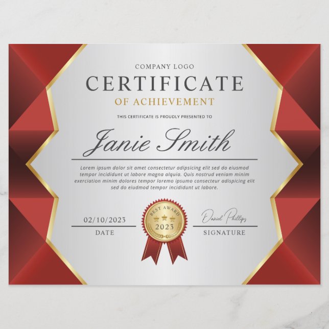 Papier Prix Red & Gold du certificat de réussite (Devant)