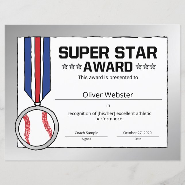 Papier Prix Super Star de baseball Certi Sport (Devant)