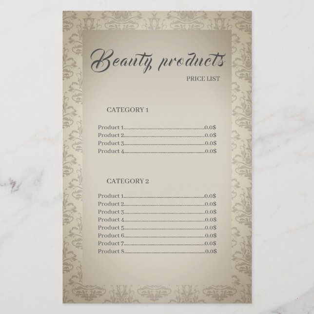 Papier Produits de beauté Elegant Cadre Tarifs (Devant)
