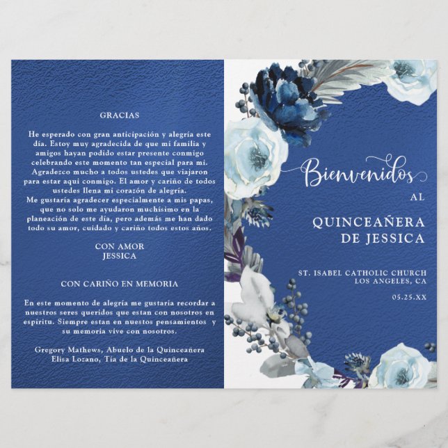 Papier Programa de Quinceañera Azul Rey y Azul Marino (Devant)