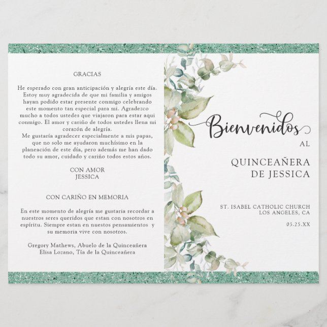Papier Programa de Quinceañera Verde con Hojas (Devant)