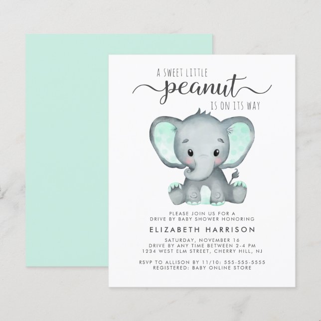 Papier Promenade Budget Elephant Mint Par Invitation Baby (Devant / Derrière)