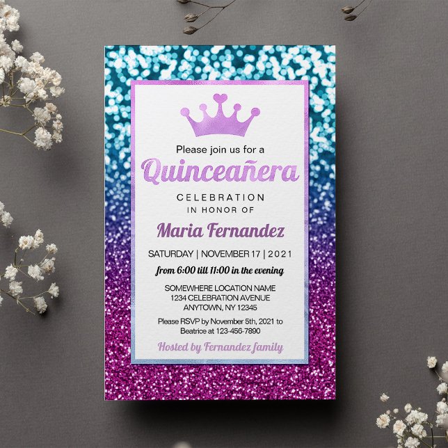 Papier Purple Blue Princesse Quinceañera Bokeh Invitation (Créateur téléchargé)